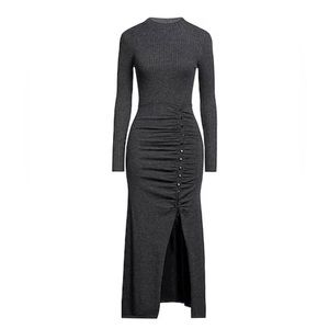 SANDRO Ruched ribbed knit wool-blend mock neck midi long sleeve sweater dress